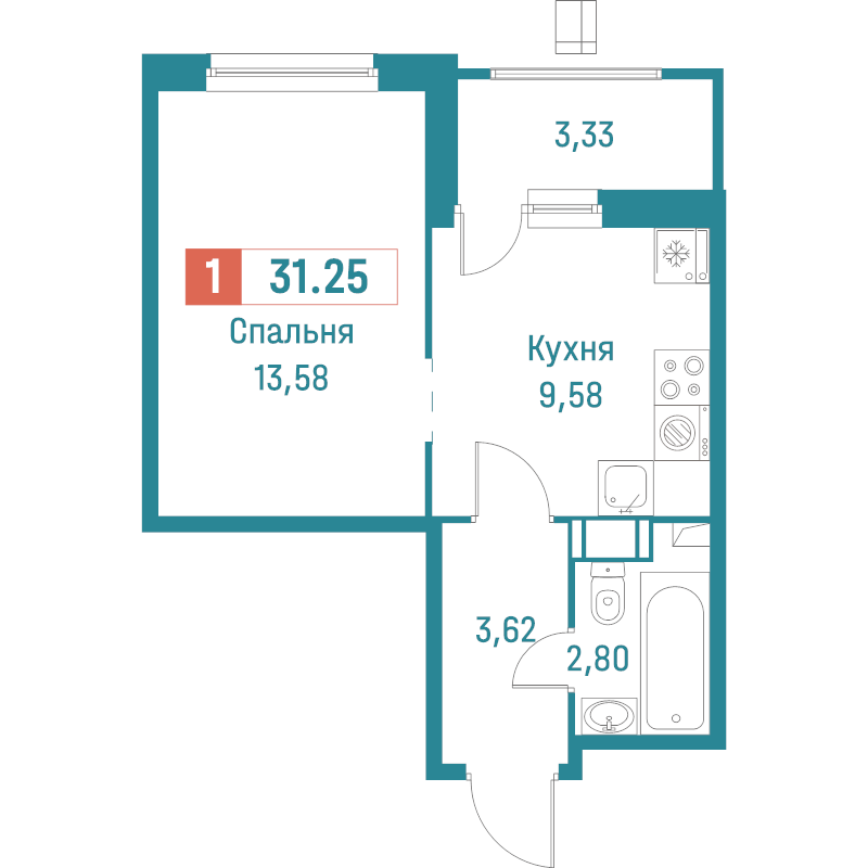 1-комнатная квартира, 31.25 м² - планировка, фото №1