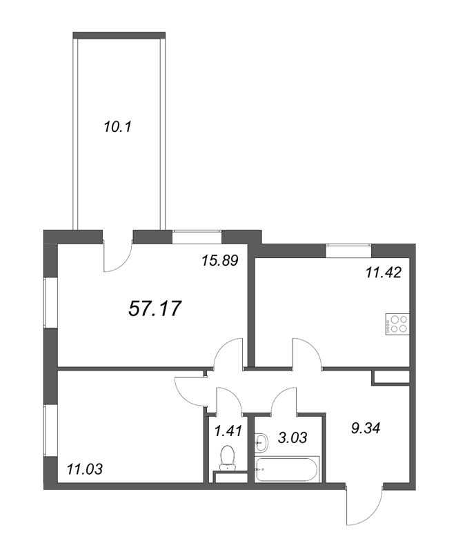 2-комнатная квартира, 62.22 м² - планировка, фото №1