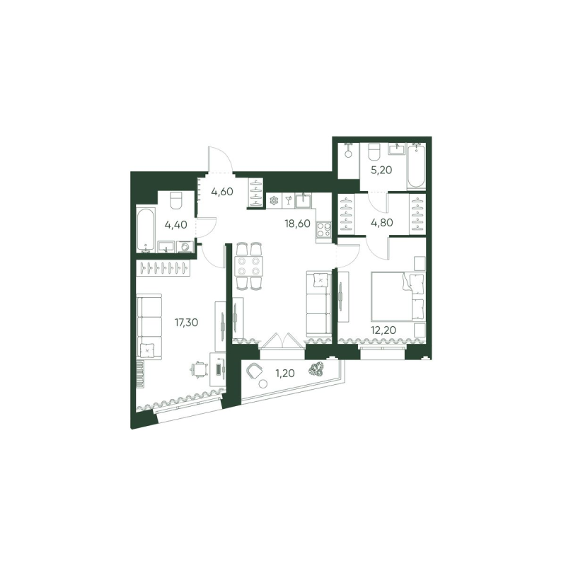 3-комнатная (Евро) квартира, 68.3 м² в ЖК "Моисеенко 10" - планировка, фото №1