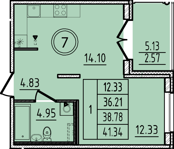 1-комнатная квартира, 36.21 м² - планировка, фото №1