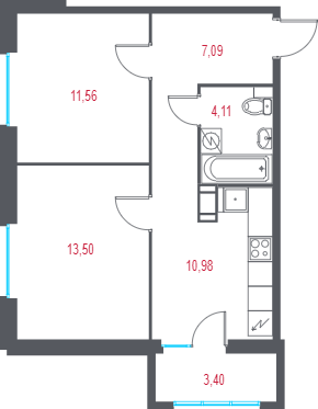 2-комнатная квартира, 48.26 м² в ЖК "Город-спутник Южный" - планировка, фото №1