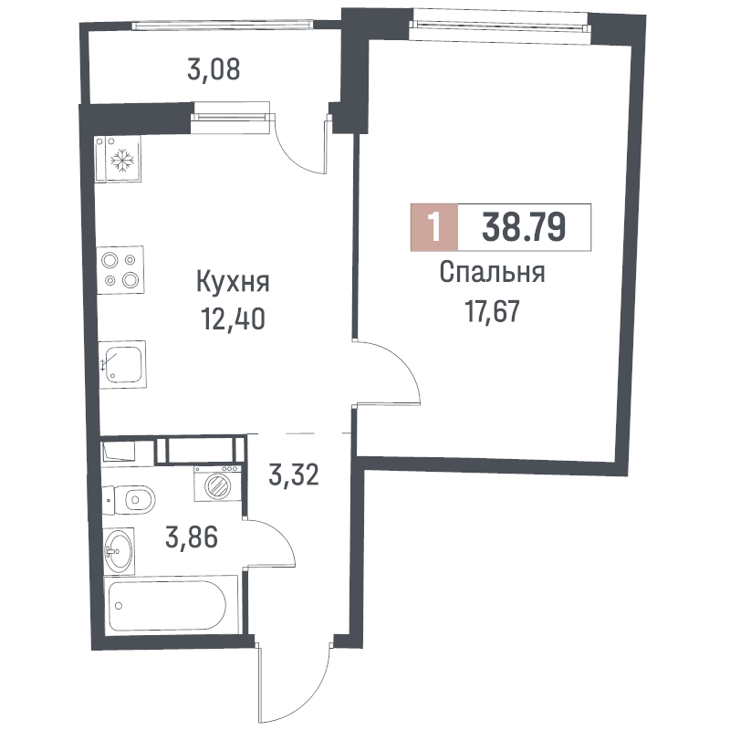 1-комнатная квартира, 38.79 м² в ЖК "Авиатор" - планировка, фото №1
