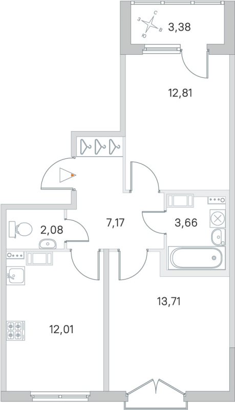 2-комнатная квартира, 51.44 м² в ЖК "Любоград" - планировка, фото №1