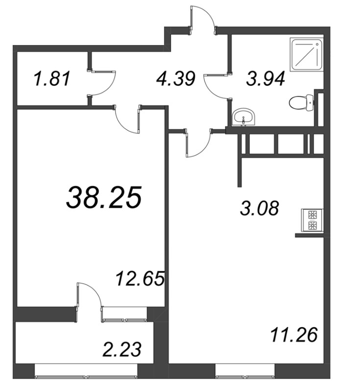 1-комнатная квартира, 38.25 м² в ЖК "Курортный Квартал" - планировка, фото №1