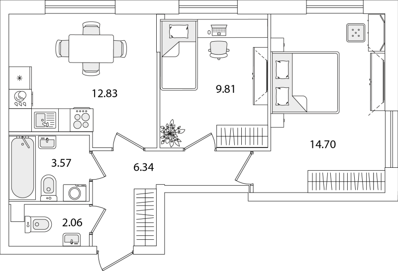 2-комнатная квартира, 49.31 м² - планировка, фото №1