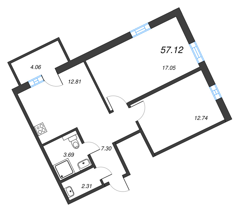 2-комнатная квартира, 57.12 м² в ЖК "Рощино Residence" - планировка, фото №1