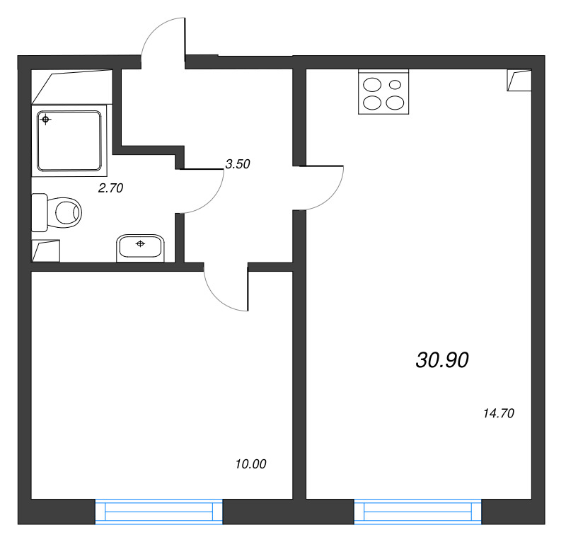 1-комнатная квартира, 30.9 м² - планировка, фото №1