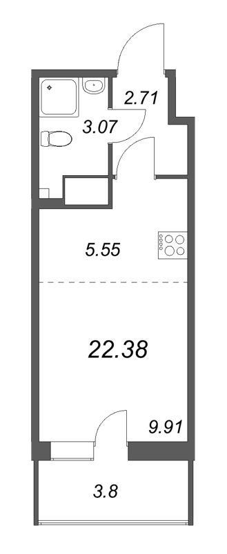 Квартира-студия, 22.38 м² - планировка, фото №1
