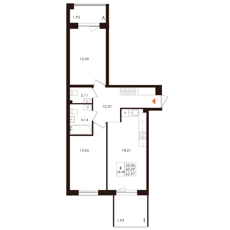 3-комнатная (Евро) квартира, 63.97 м² в ЖК "Лисино" - планировка, фото №1