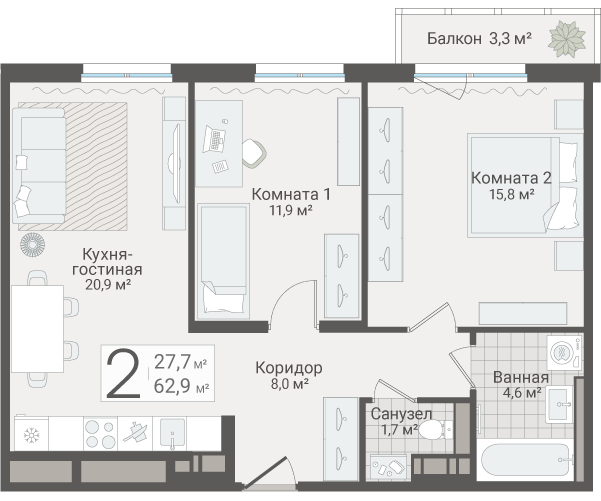 3-комнатная (Евро) квартира, 62.9 м² в ЖК "Руднева 15" - планировка, фото №1