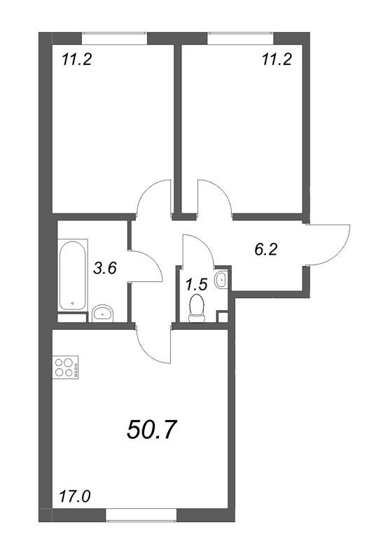 3-комнатная (Евро) квартира, 50.7 м² в ЖК "ЛСР. Ржевский парк" - планировка, фото №1