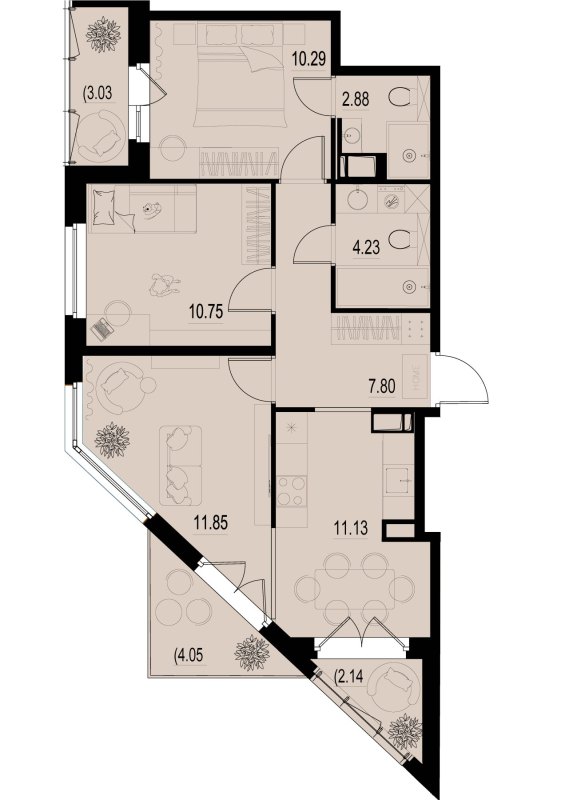3-комнатная квартира, 66.25 м² - планировка, фото №1