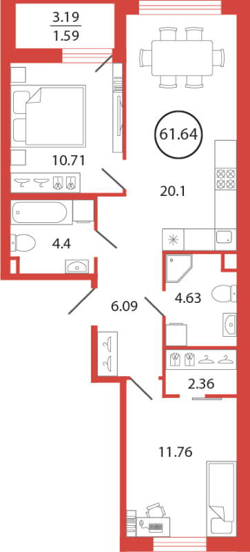 3-комнатная (Евро) квартира, 61.64 м² - планировка, фото №1