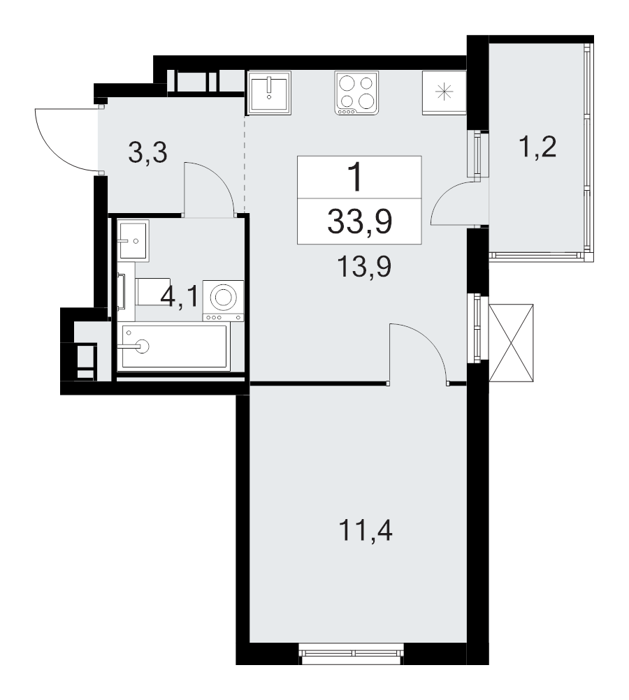 2-комнатная (Евро) квартира, 33.9 м² - планировка, фото №1