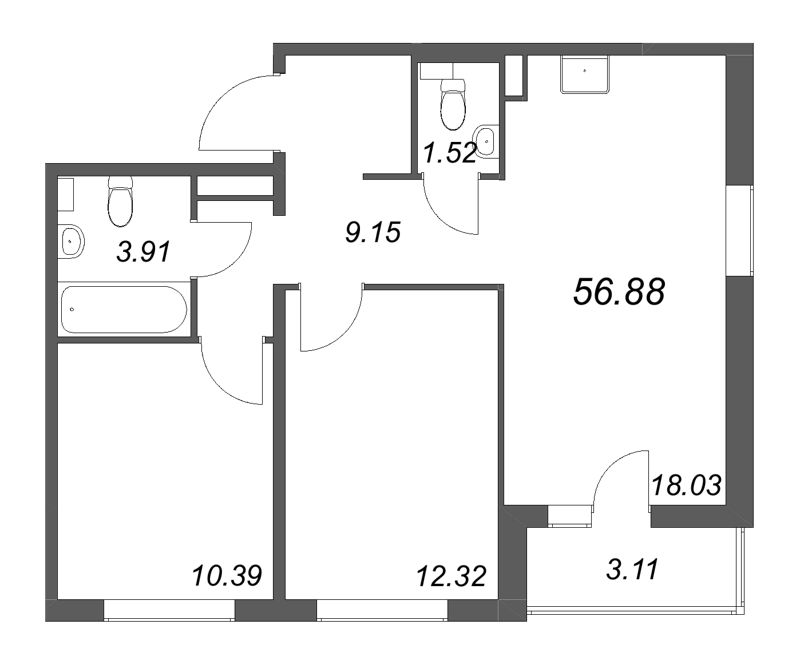 3-комнатная (Евро) квартира, 56.88 м² в ЖК "Расцветай в Янино" - планировка, фото №1