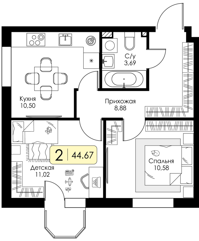 2-комнатная квартира, 44.67 м² в ЖК "Всевгород" - планировка, фото №1