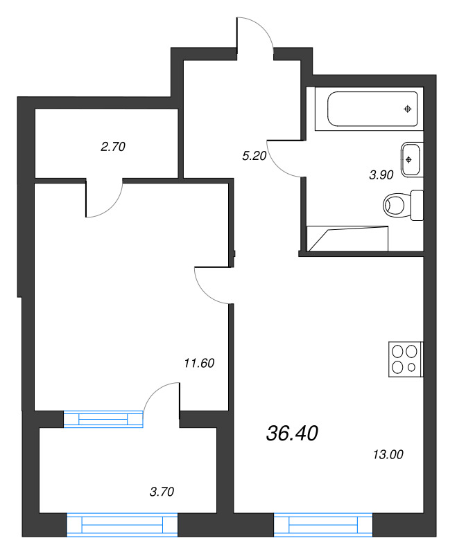 1-комнатная квартира, 36.4 м² в ЖК "Струны" - планировка, фото №1