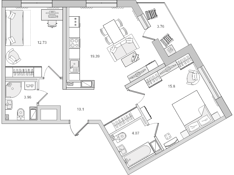 3-комнатная (Евро) квартира, 66.05 м² в ЖК "Чёрная речка" - планировка, фото №1