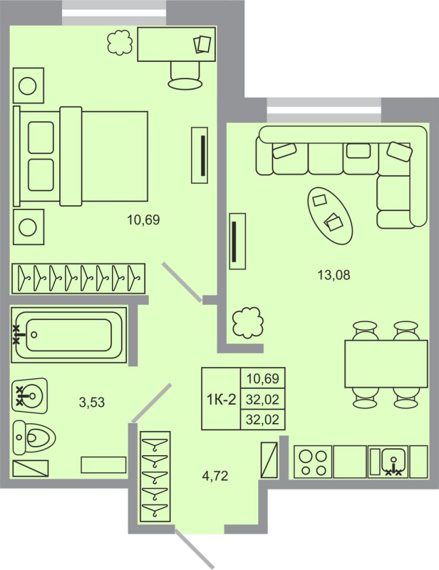 1-комнатная квартира, 32.02 м² - планировка, фото №1