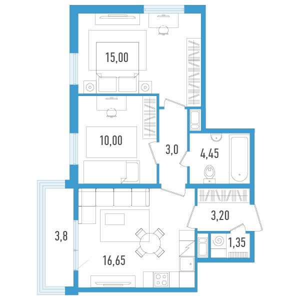 2-комнатная квартира, 54.79 м² в ЖК "AEROCITY" - планировка, фото №1