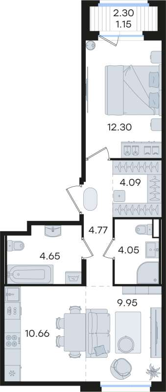 2-комнатная (Евро) квартира, 51.62 м² в ЖК "Романовка" - планировка, фото №1