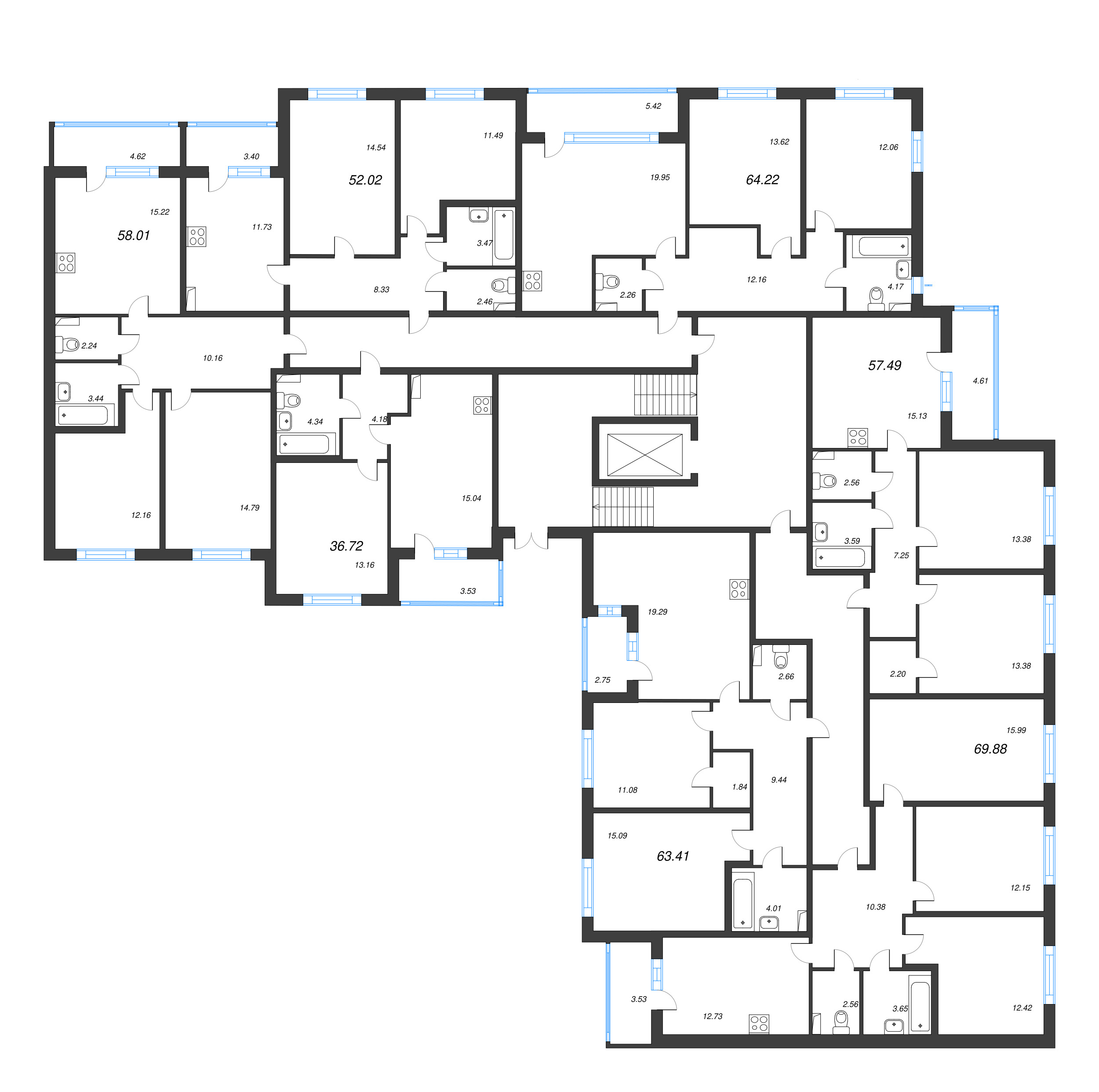 2-комнатная квартира, 52.02 м² в ЖК "Любоград" - планировка этажа