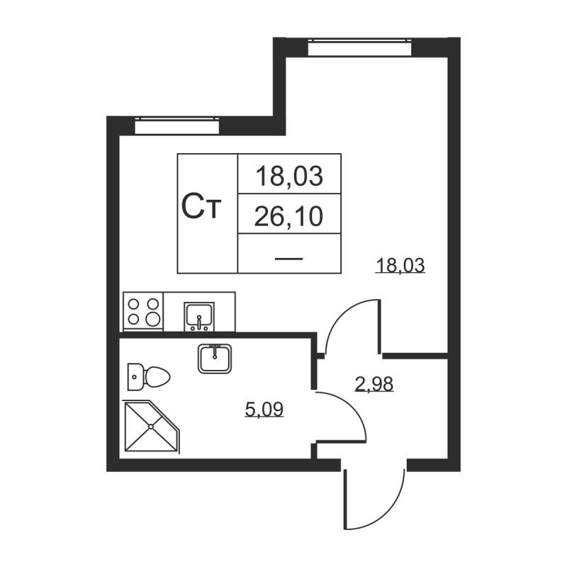 Квартира-студия, 26.1 м² в ЖК "Высота" - планировка, фото №1