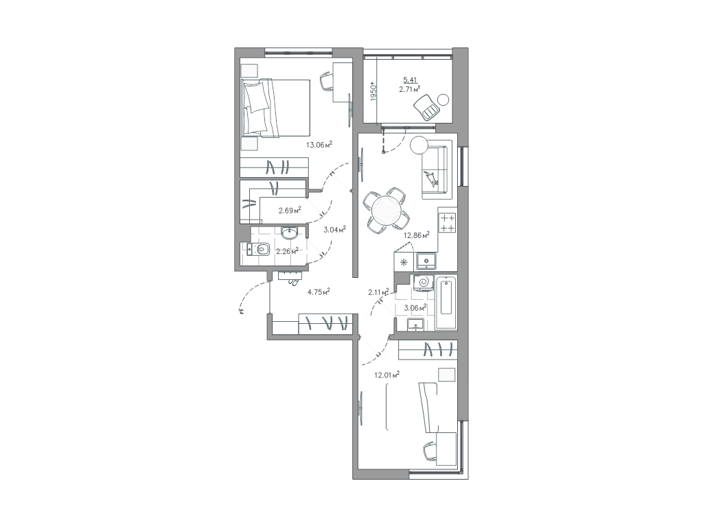2-комнатная квартира, 58.55 м² - планировка, фото №1
