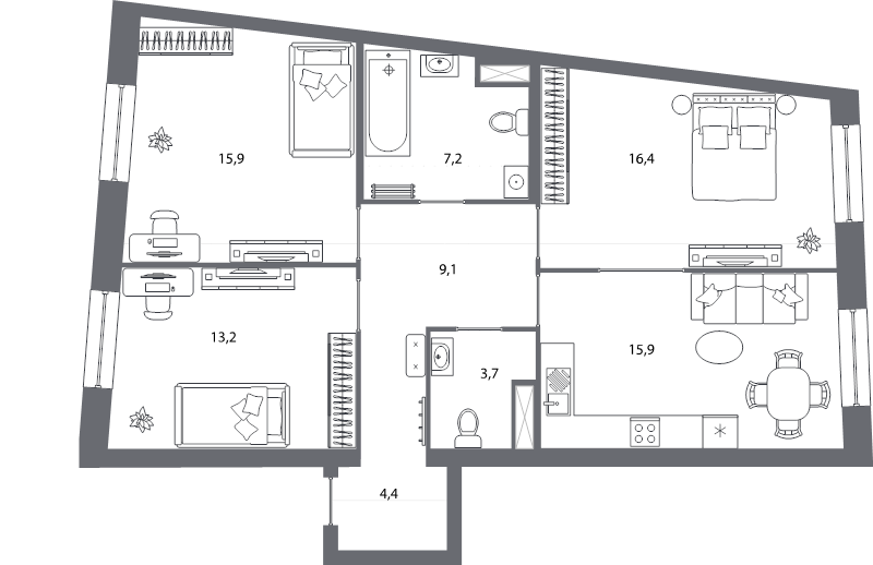 4-комнатная (Евро) квартира, 85.8 м² - планировка, фото №1