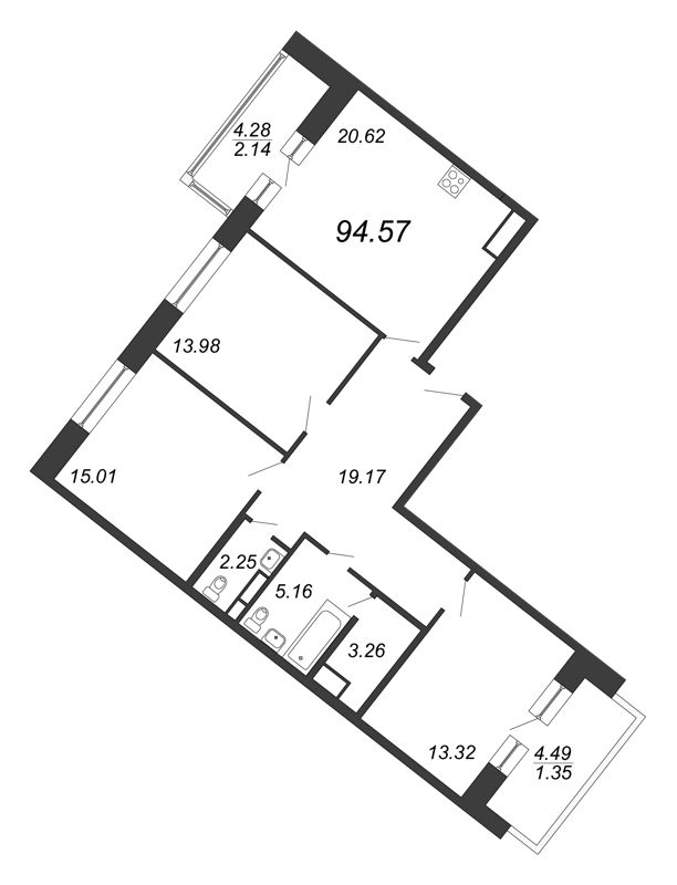 3-комнатная квартира, 94.57 м² в ЖК "Ariosto" - планировка, фото №1