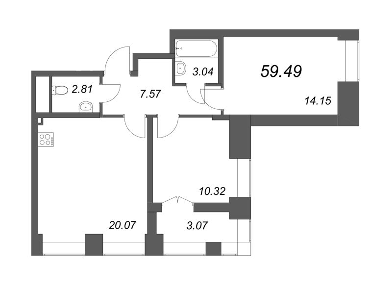 3-комнатная (Евро) квартира, 59.49 м² - планировка, фото №1