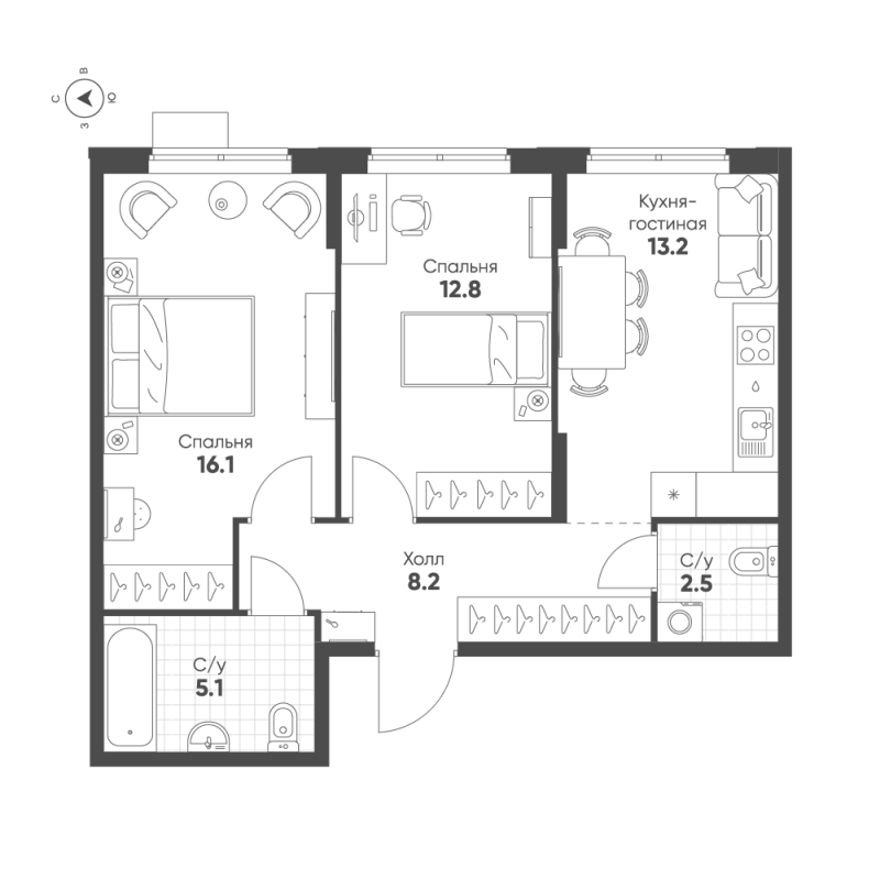 2-комнатная квартира, 57.9 м² в ЖК "Ягодное Река Парк" - планировка, фото №1