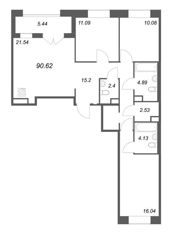 4-комнатная (Евро) квартира, 90.62 м² в ЖК "Ranta Residence" - планировка, фото №1