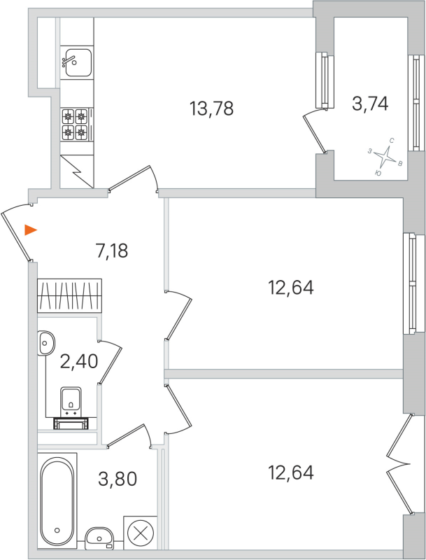 3-комнатная (Евро) квартира, 52.44 м² в ЖК "Дубровский" - планировка, фото №1