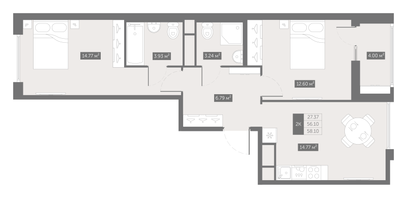 2-комнатная квартира, 58.1 м² в ЖК "UP-квартал Новый Московский" - планировка, фото №1