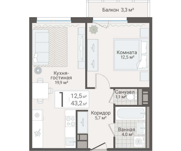 2-комнатная (Евро) квартира, 43.2 м² в ЖК "Руднева 15" - планировка, фото №1