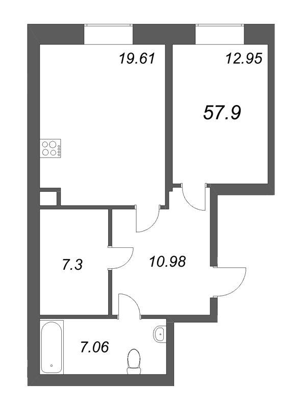 2-комнатная (Евро) квартира, 57.9 м² - планировка, фото №1