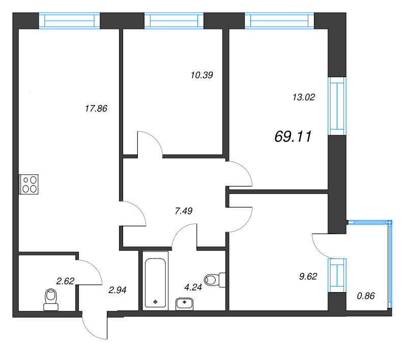 3-комнатная квартира, 69.11 м² в ЖК "Капральский берег" - планировка, фото №1