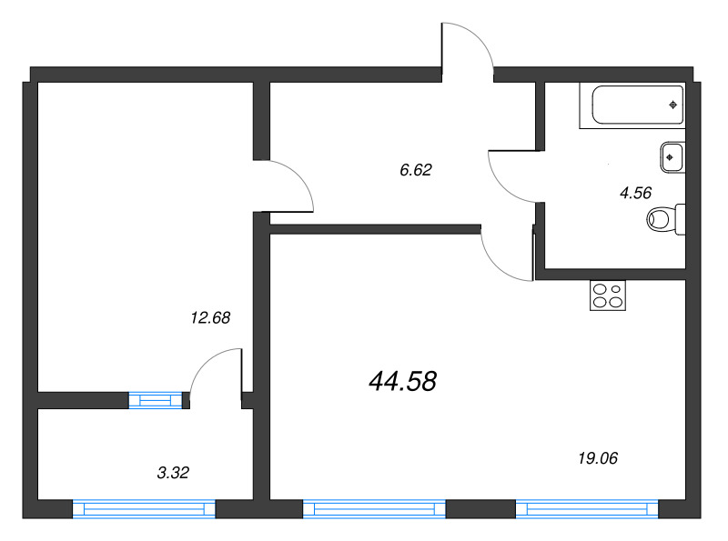 2-комнатная (Евро) квартира, 44.58 м² - планировка, фото №1