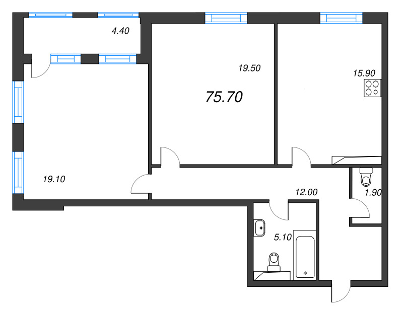 3-комнатная (Евро) квартира, 75.8 м² в ЖК "Тайм Сквер" - планировка, фото №1