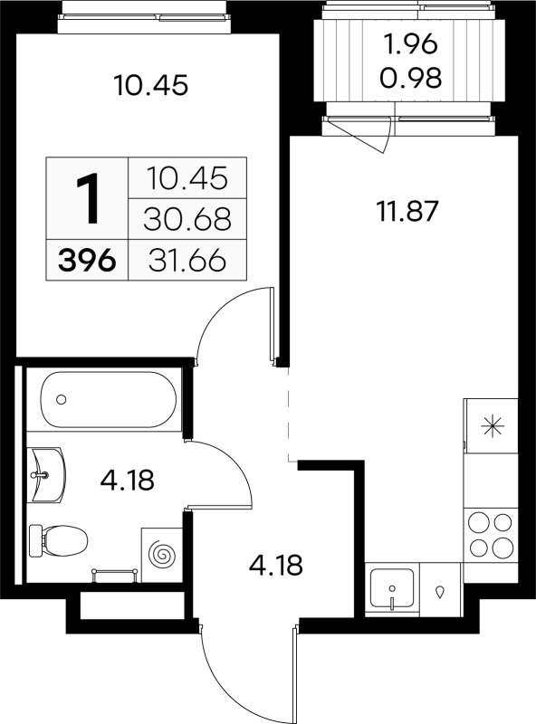 1-комнатная квартира, 31.66 м² - планировка, фото №1