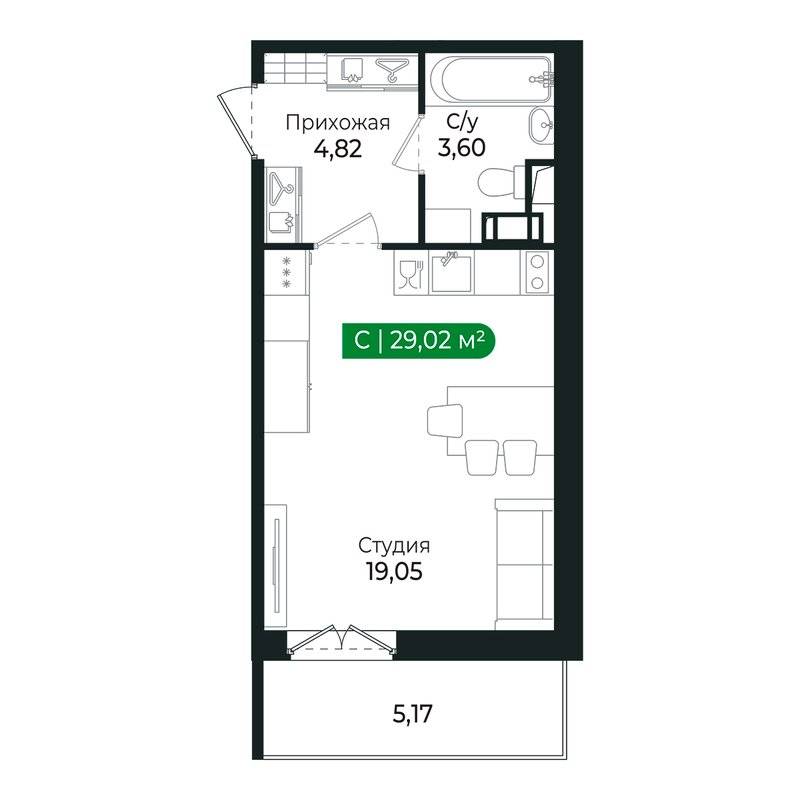 Квартира-студия, 27.5 м² в ЖК "Сертолово Парк" - планировка, фото №1