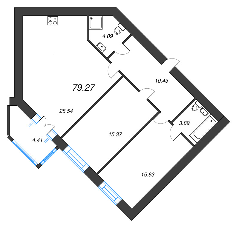 2-комнатная квартира, 79.2 м² - планировка, фото №1