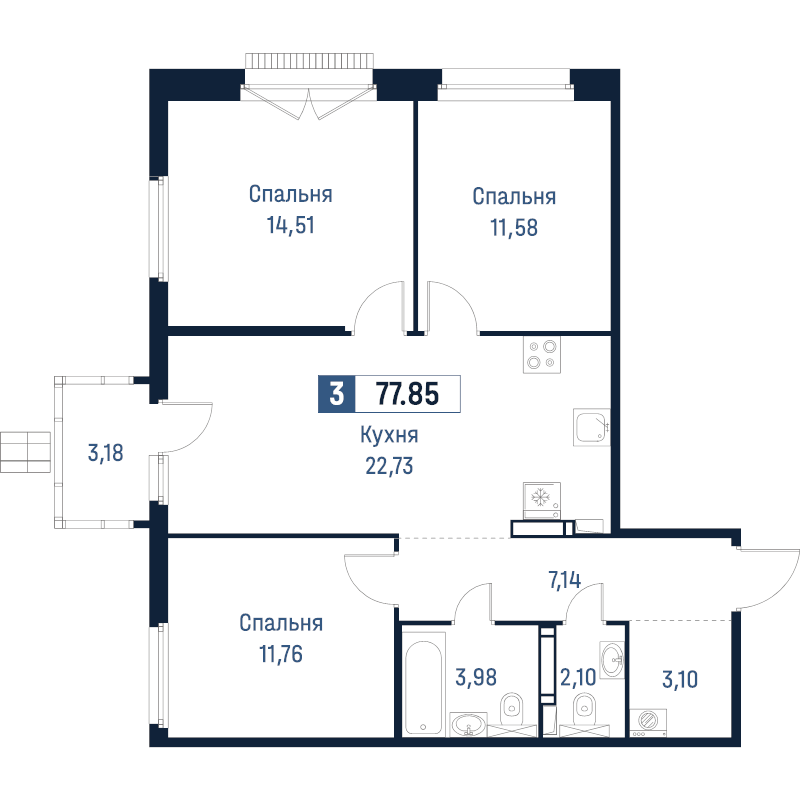 4-комнатная (Евро) квартира, 77.85 м² в ЖК "Максималист" - планировка, фото №1