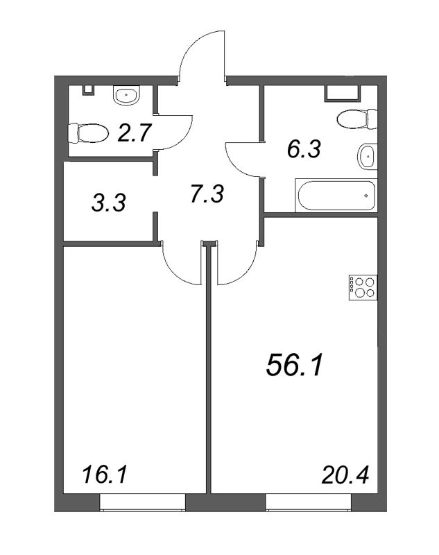 2-комнатная (Евро) квартира, 55.8 м² в ЖК "Визионер" - планировка, фото №1