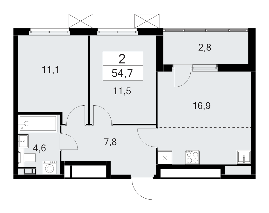 3-комнатная (Евро) квартира, 54.7 м² - планировка, фото №1