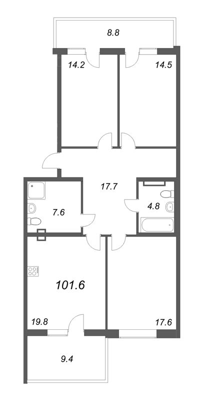 4-комнатная (Евро) квартира, 101.6 м² в ЖК "Riviera Club" - планировка, фото №1
