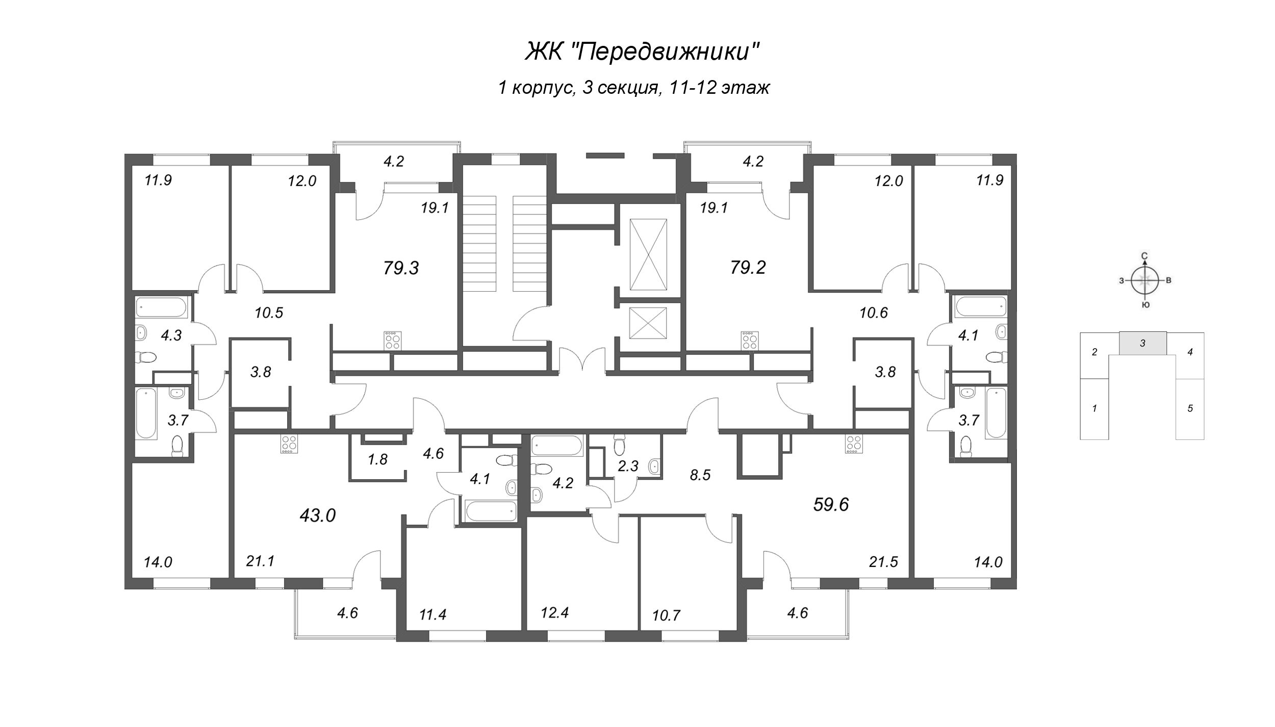 2-комнатная (Евро) квартира, 43 м² в ЖК "Передвижники" - планировка этажа