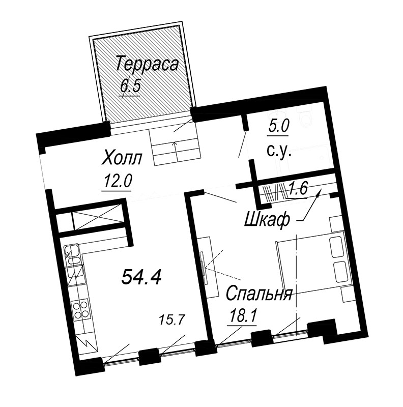 1-комнатная квартира, 54.4 м² - планировка, фото №1
