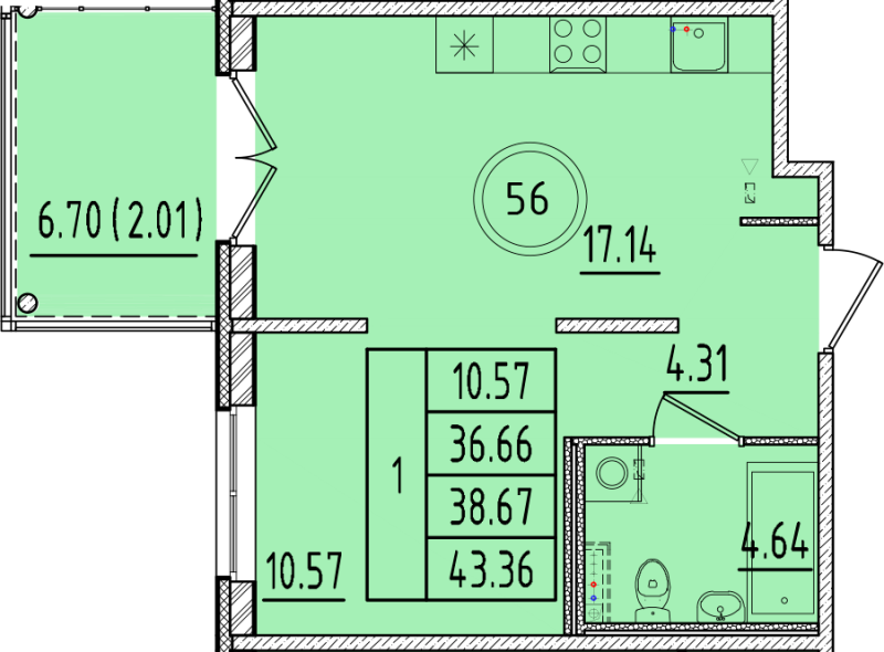 2-комнатная (Евро) квартира, 36.66 м² - планировка, фото №1